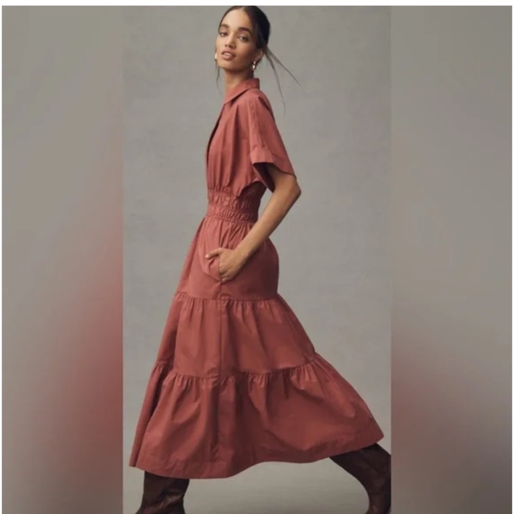 Anthropologie Rust Tiered Shirt Dress - Picture 4 of 10